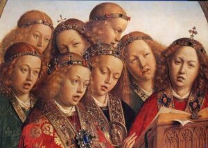 Jan van Eyck, The Ghent Altarpiece (detail), singing angels, 1427-29